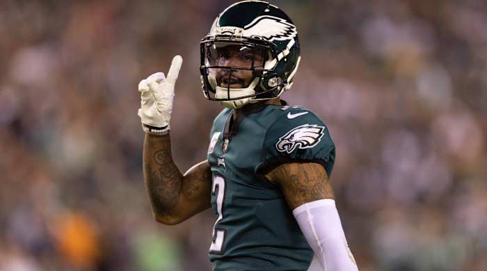 Oct 16, 2022; Philadelphia, Pennsylvania, USA; Philadelphia Eagles cornerback Darius Slay (2) reacts after breaking up a passing play against the Dallas Cowboys during the second quarter at Lincoln Financial Field. Mandatory Credit: Bill Streicher-USA TODAY Sports